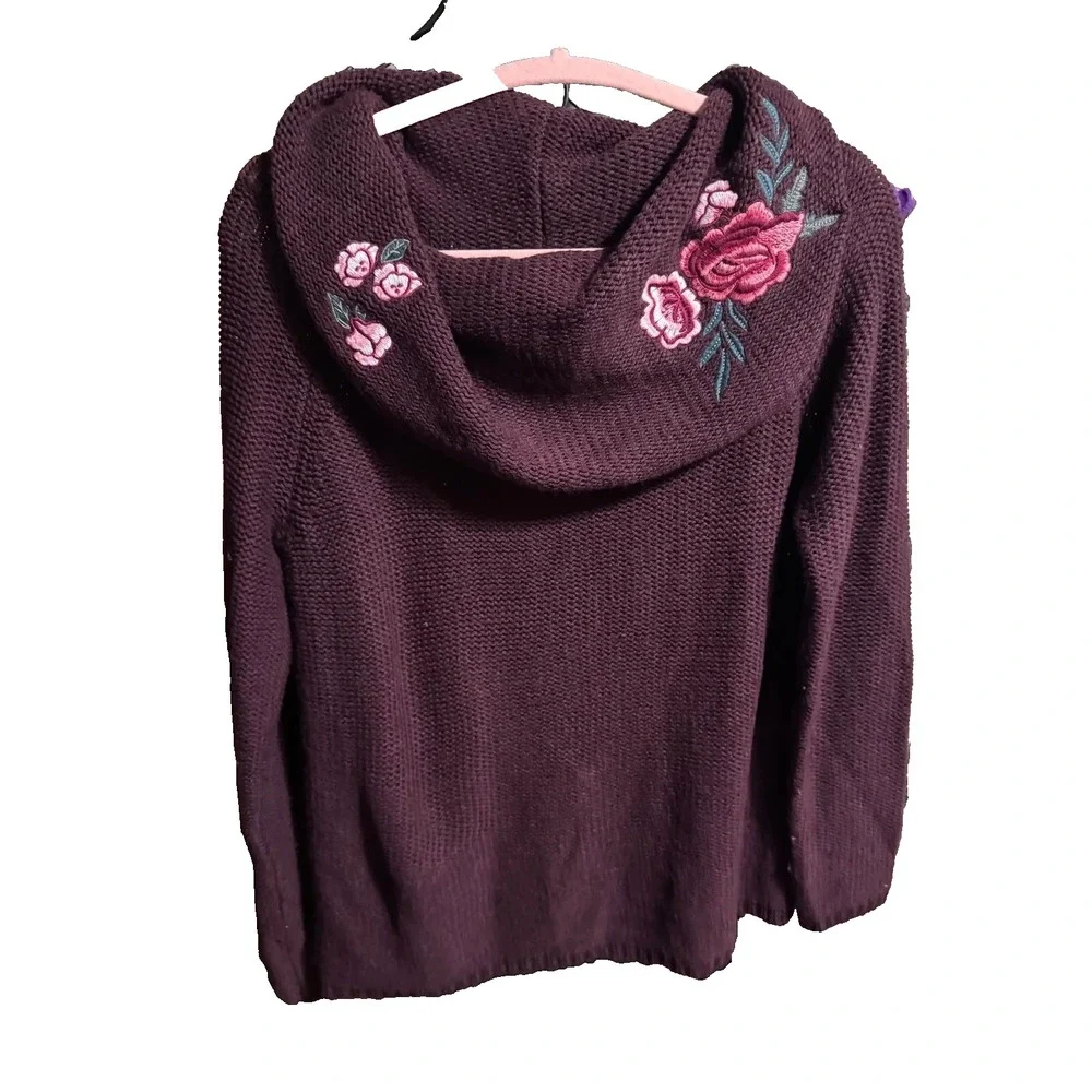 Womens Boho Cottage Floral‎ Applique Sweater Large Burgundy Shabby Romantic Chic